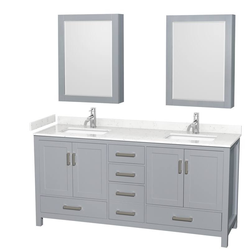 Sheffield Double Bathroom Vanity Set, Cultured Top, Medicine Cabinets - 72-Inch Double - Gray, Carrara Cultured Marble Top, Chrome Trim