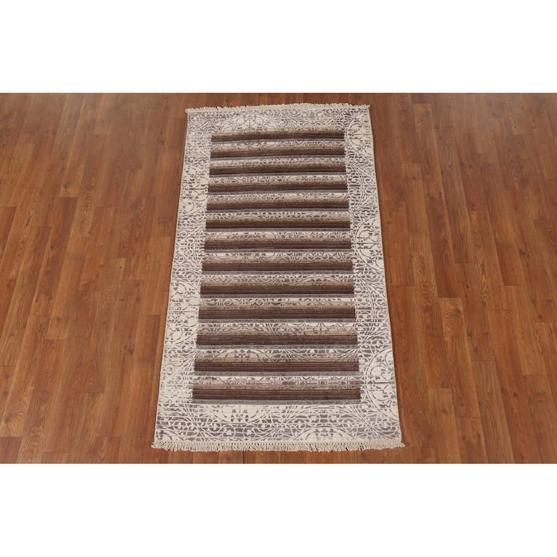 Beige Striped Abstract Accent Rug Handmade Oriental Wool Carpet - 2'9"x 5'0"