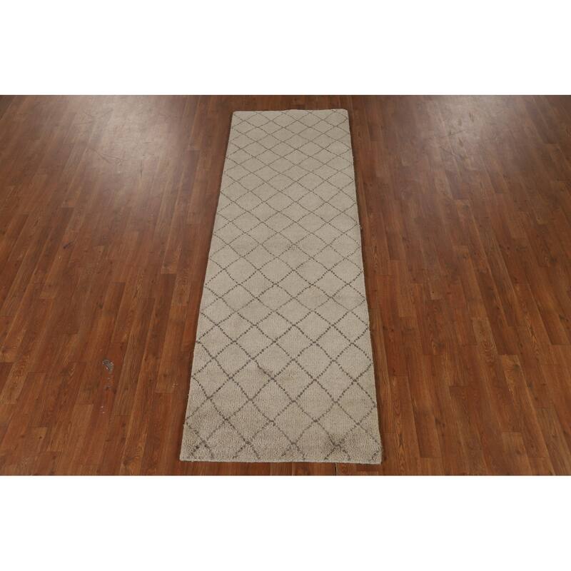 Beige Trellis Moroccan Oriental Runner Rug Handmade Wool Carpet - 2'7" x 7'9"