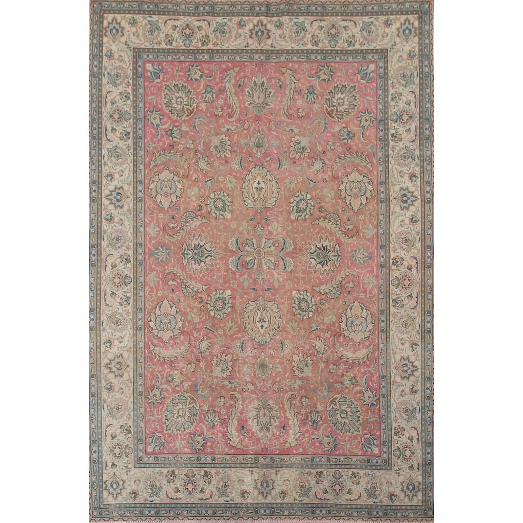 Pink Floral Tabriz Persian Vintage Area Rug Hand-knotted Wool Carpet - 8'3" x 11'1"
