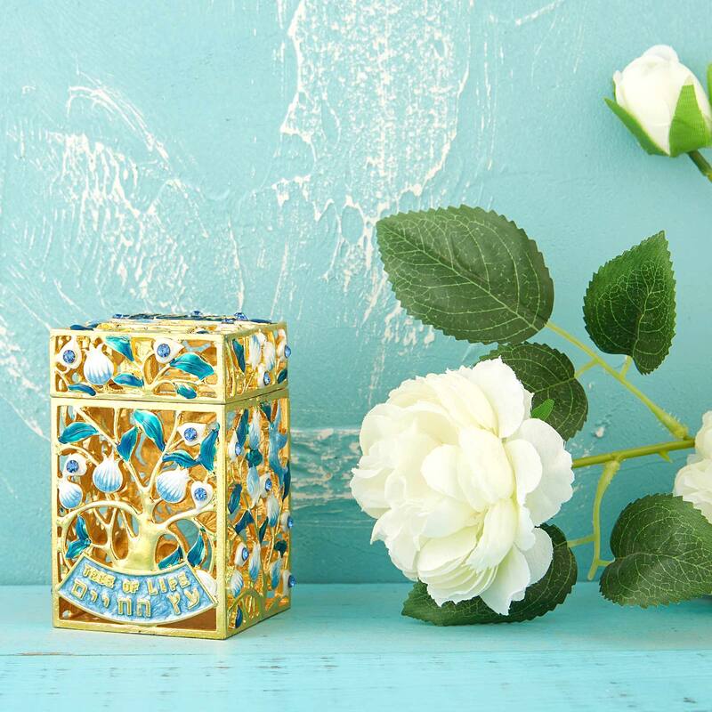 Matashi Hand-Painted Enamel Tzedakah Charity Box Keepsake Treasure Box Embellished with Crystals and a Tree of Life Motif Design