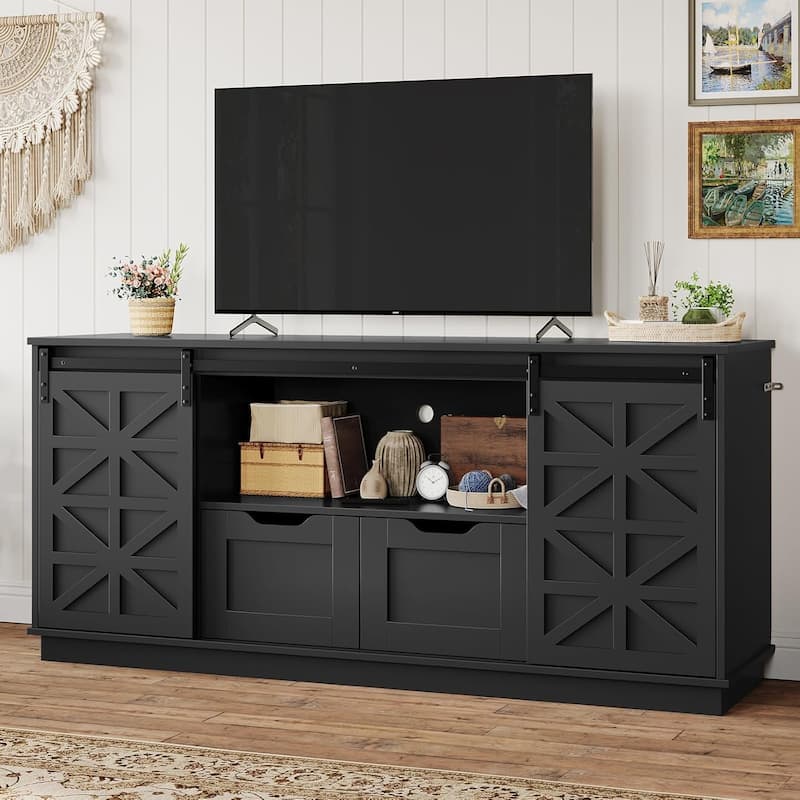 Farmhouse TV Stand 65 Inch TV Entertainment Center 2 Drawers Sliding Barn Doors - Black