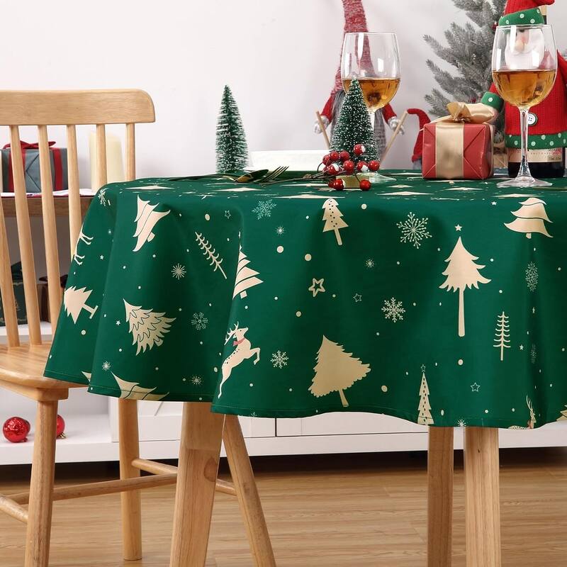 Christmas Round Tablecloth Waterproof Holiday Xmas Decor, Green