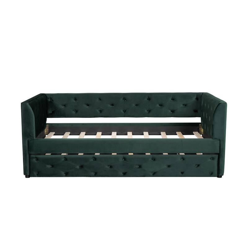 Velvet Twin Daybed with Pull-Out Trundle & Magazine Pocket, Tufted Upholstered Sofa Bed for Small Spaces