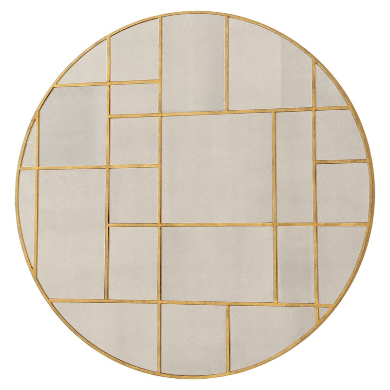 Geometric Grid Round Wall Mirror - 45" - Antiqued Gold Finish