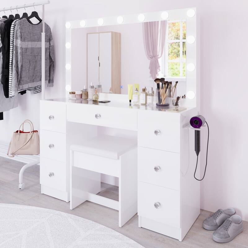 Modern White Makeup Vanity Desk with 13 Dimmable Lights, Glass Top, USB-A & USB-C, 7 Drawers, Hair Dryer Holder, and Stool