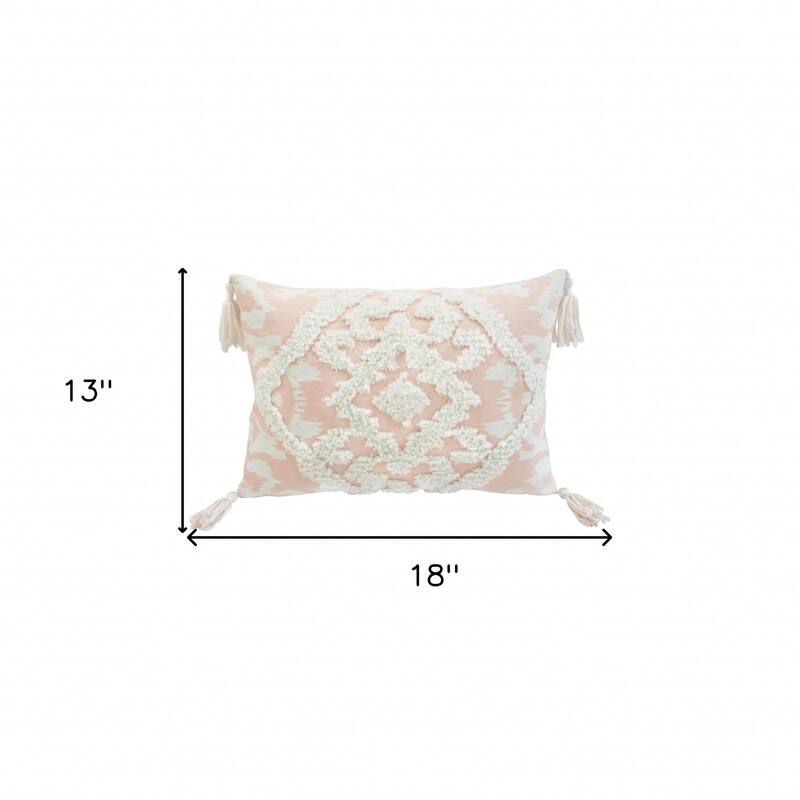 HomeRoots 13" X 18" Peach And White Damask Zippered Polyester And Cotton Blend Throw Pillow With Tassels