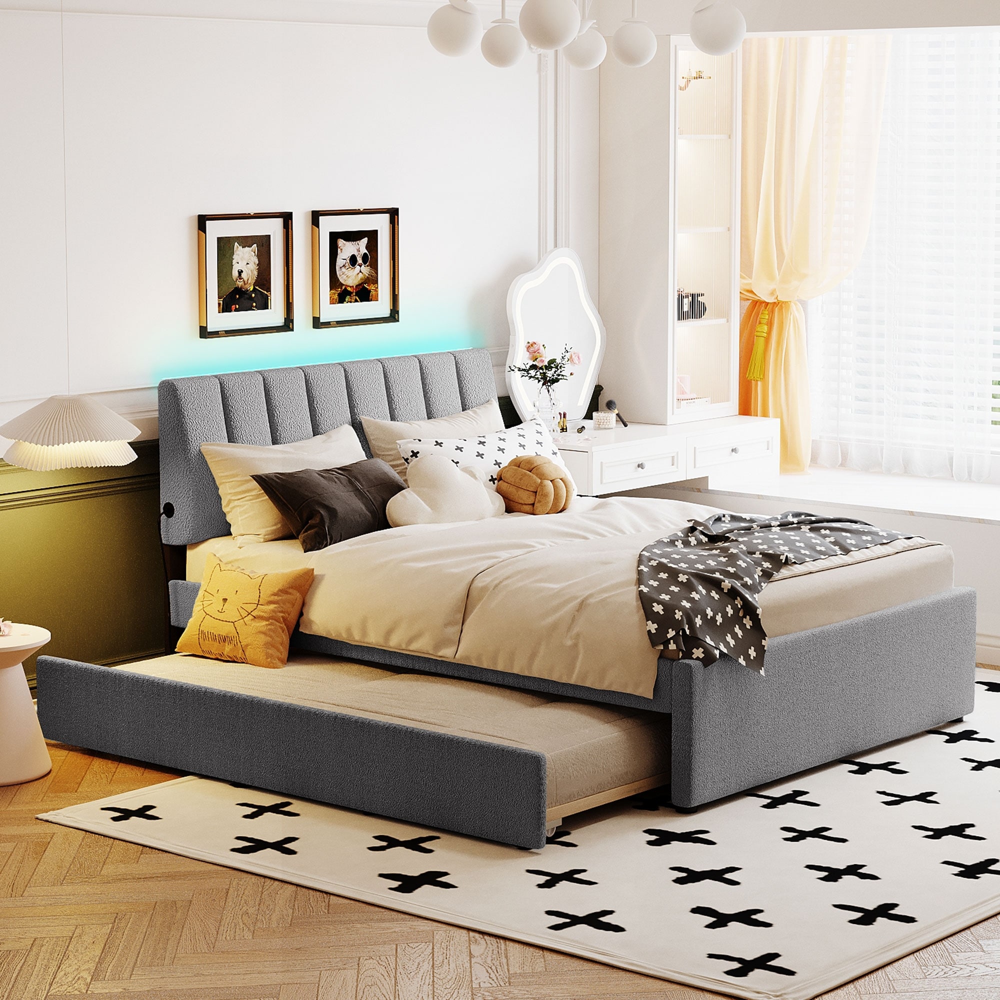 Teddy Fleece Full Upholstered Platform Bed w Striped Headboard & Trundle Frame