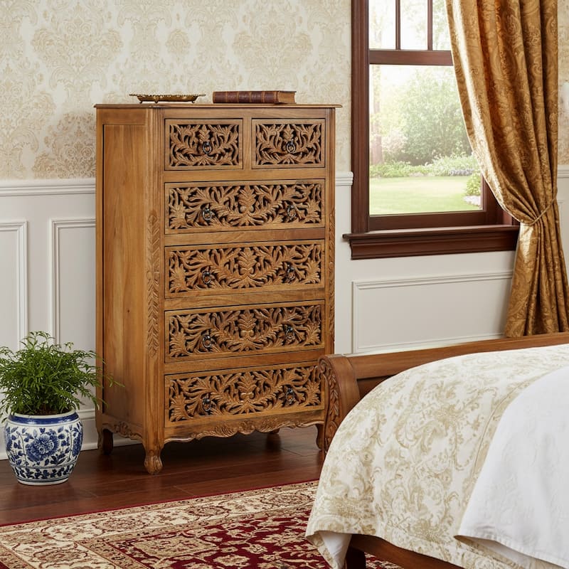 HomeRoots 35" Brown Carved Floral Solid Wood Six Drawer Dresser - Brown - 6-drawer