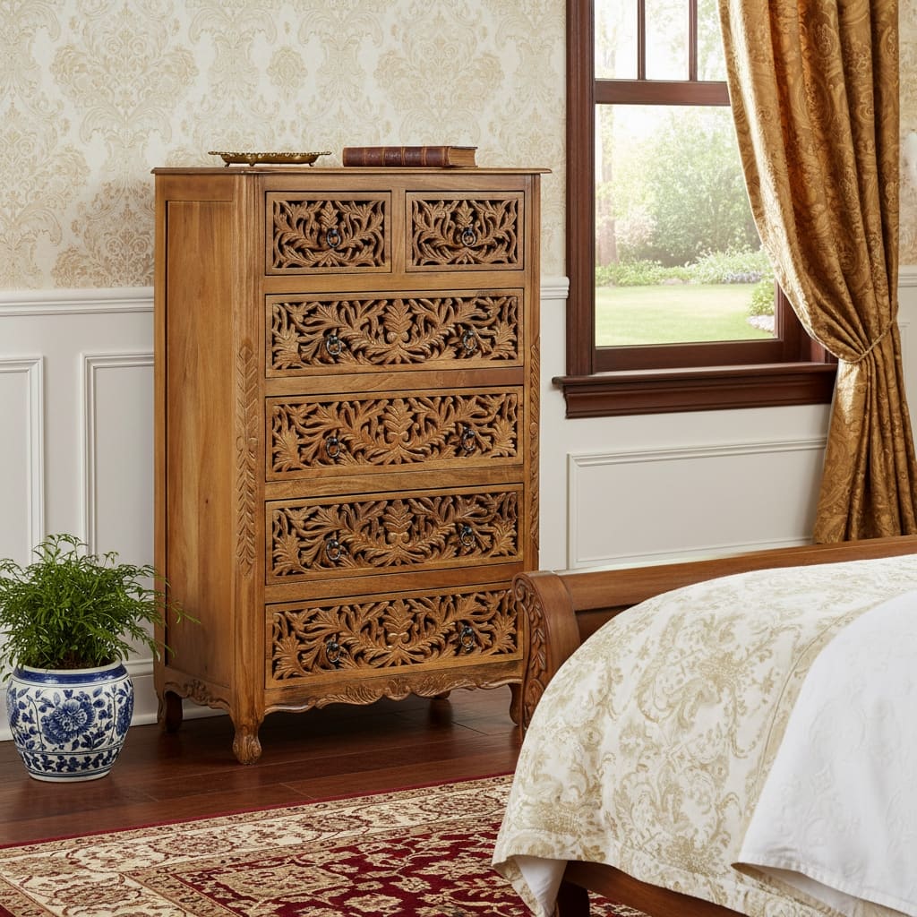 HomeRoots 35" Brown Carved Floral Solid Wood Six Drawer Dresser