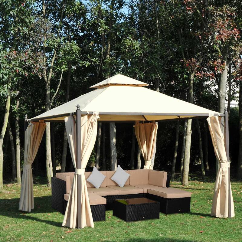 10' x 10' Steel Outdoor Patio Gazebo with Privacy Curtains & Two-Tier Roof