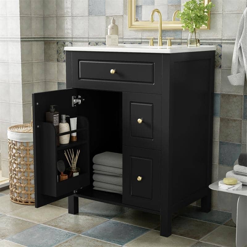 24'' Bathroom Vanity w/ Ceramic Sink Top, Modern Bathroom Vanity Cabinet w/ 1 Soft Close Door, 2 Soft Close Drawers & Door Racks