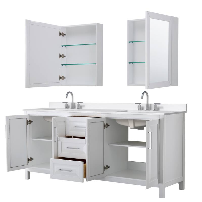 Daria 80-inch Double Vanity, 3 Hole Quartz Top, Med Cabinets