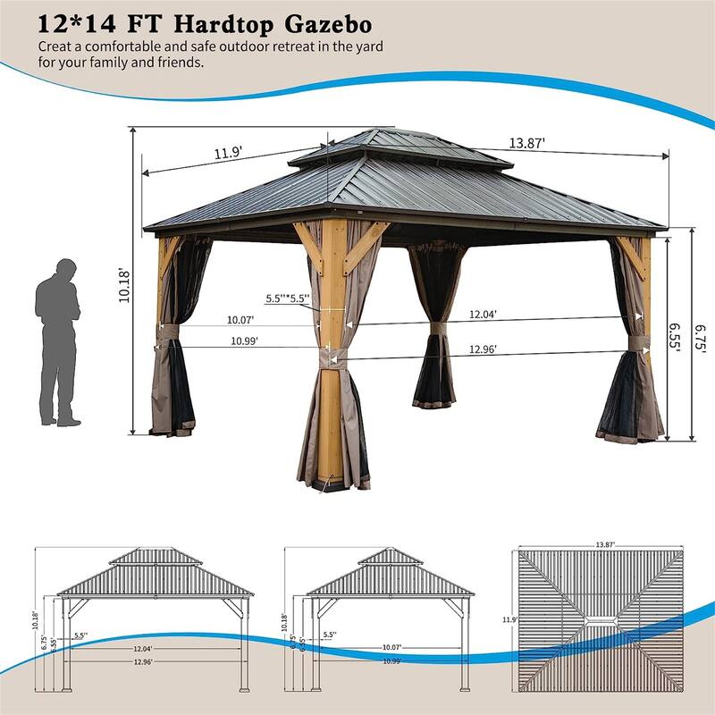 GDFStudio - Harper Outdoor Gazebo with Cedar Wood Frame and Galvanized Steel Double Roof