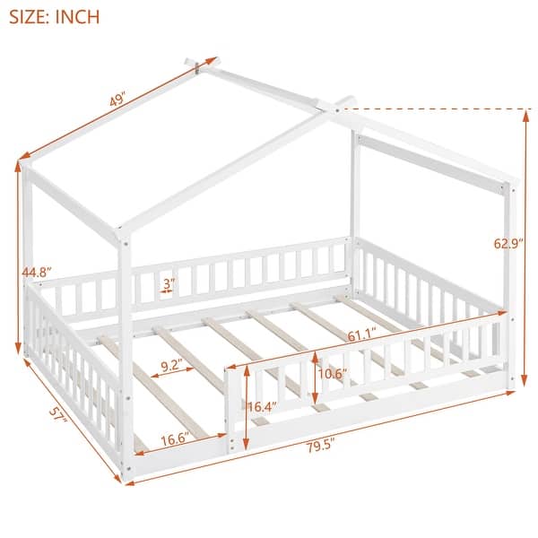 dimension image slide 0 of 2, Wooden House Bed with Fence, Pine Wood Bed Frame with Roof and Safety Guardrail for Kids, Boys or Girls