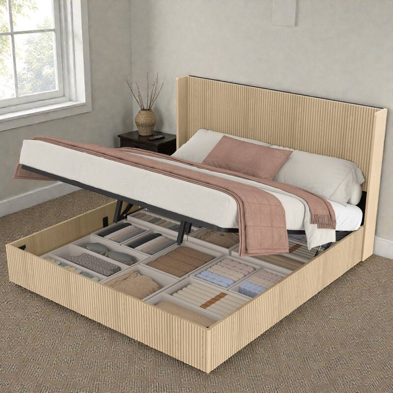 Wood Lift Storage Platform Bed with Raised Headboard, Gas Lift Design, No Box Spring Needed, Queen King