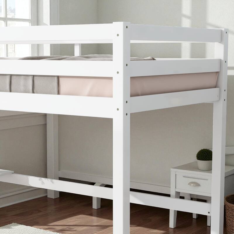 Twin Size Wooden High Loft Bed with Built-in Desk and Ladder, Solid Rubber Wood Loft Bed with Safety Guardrails