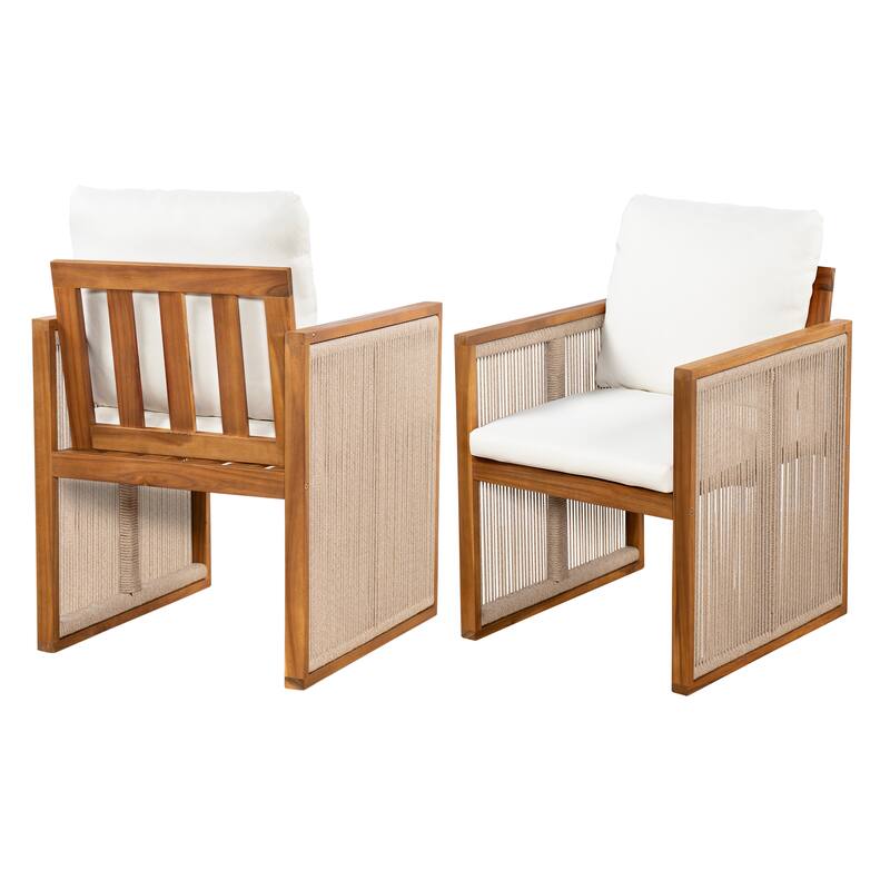 Christopher Knight Home - Modern Outdoor Acacia Wood Dining Set with Cushions and Handwoven Rope Chairs