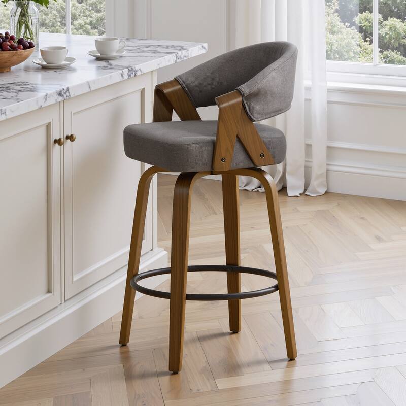 Mid-Century Upholstered Swivel Bar Stool/ Counter Stools with Curved Back - 37.5"H x 20.9"W x 19.9"D