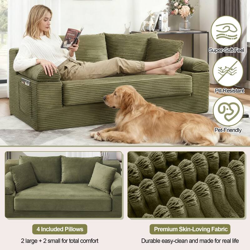 78" W Convertible Sleeper Sofa Bed Corduroy Loveseat with Pillows