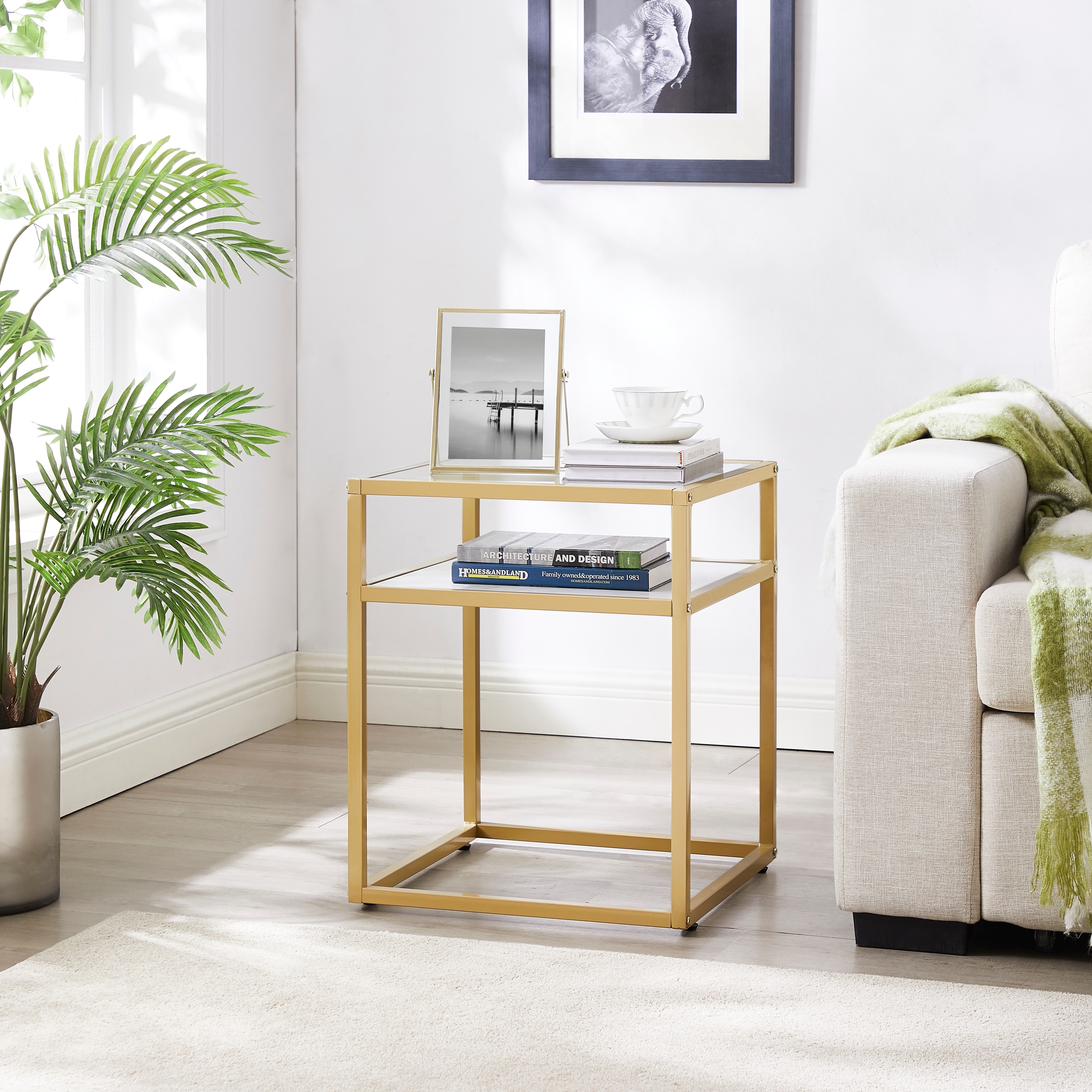 2 Tier End Table White Nightstand with Tempered Glass Top Shelf