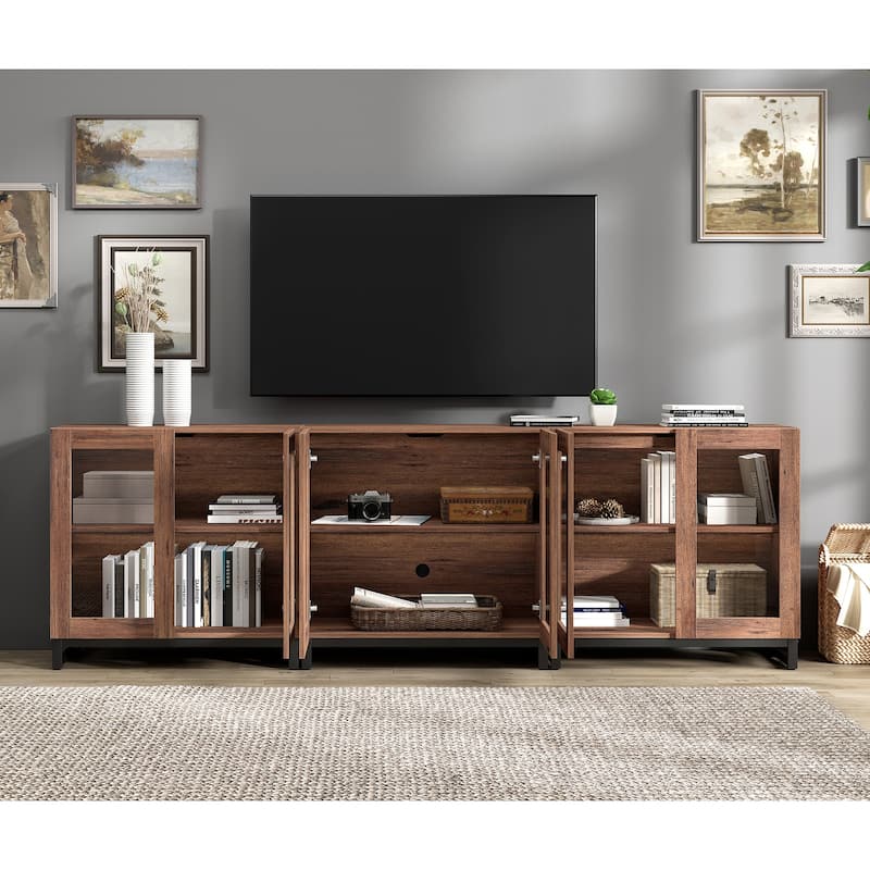 WAMPAT Modern TV Stand with Glass Doors for 110 inch TVs, Entertainment Center Console with Adjustable Shelves and Metal Base