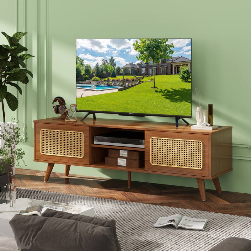 Boho Rattan TV Stand Media Storage Cabinets w/ Socket & USB Ports