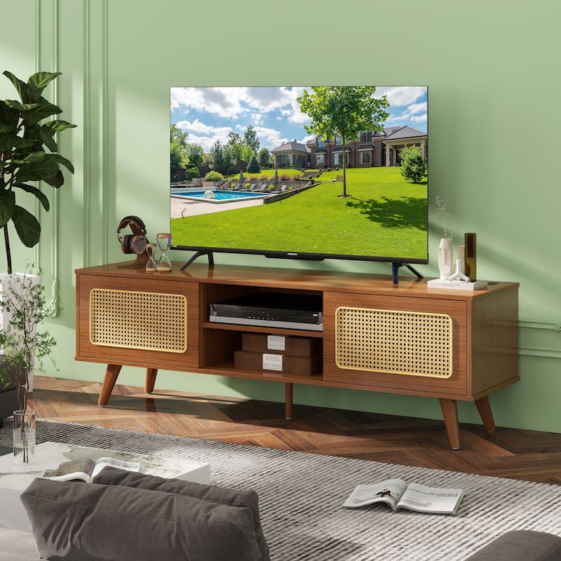 TV Stand with Rattan Cabinet Doors, Entertainment Center with Shelves and 2 Cabinets, Console Table with Solid Wood Feet