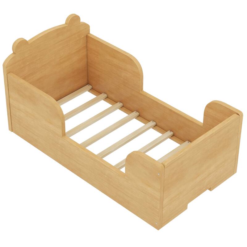 Toddler Floor Bed Frame, Cot Bed for Boys and Girls Ages 3-6, Bear Shape Toddler Bed, Natural