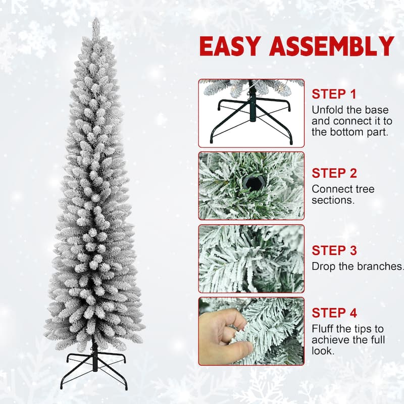 Flocked Pencil Christmas Tree - Slim PVC Branches, Snowy Finish, Space-Saving, Metal Stand - Green,White