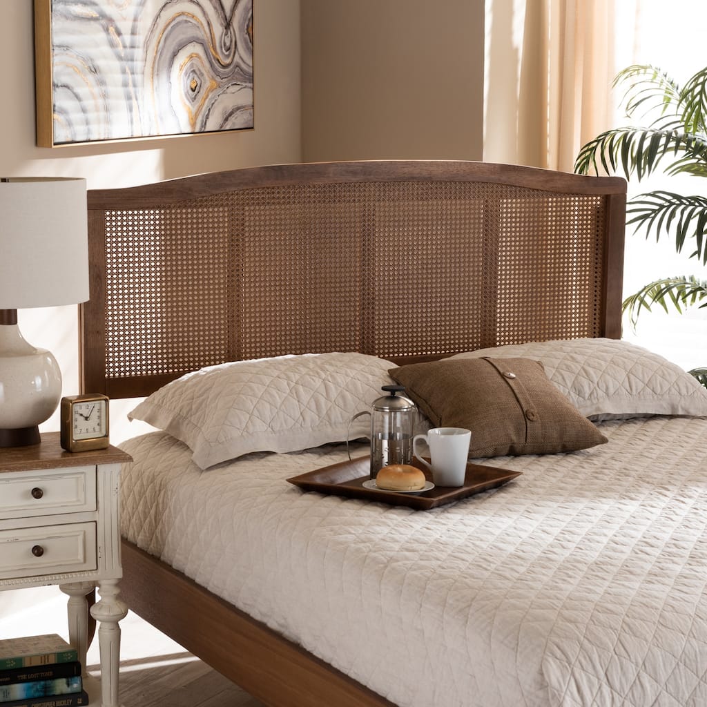 Mid-Century Modern Ash Walnut Wood and Synthetic Rattan King Size Headboard with Natural Woven Accents