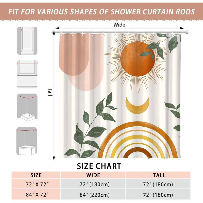 Mid Century Abstract Boho Orange Aesthetic Shower Curtain Set Nature