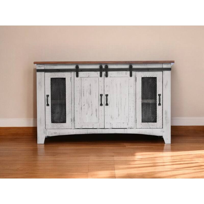 HomeRoots 60" White Solid Wood Cabinet Enclosed Storage Distressed TV Stand - 59.75' X '34.75' X '19 - White - 59.75' X '34.75' X '19