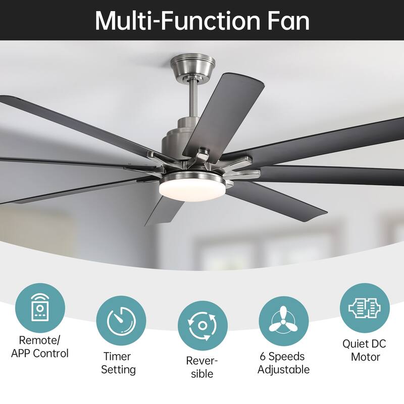 52 Inch/66 Inch/72 Inch Modern Ceiling Fan with Dimmable LED Light ,Remote&APP Control,8 Blades for Large Living Room,Porch