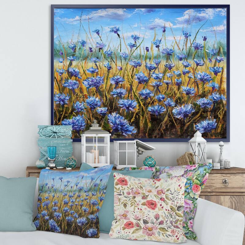 Designart "Blue Flowers in Meadow " Floral Framed Canvas