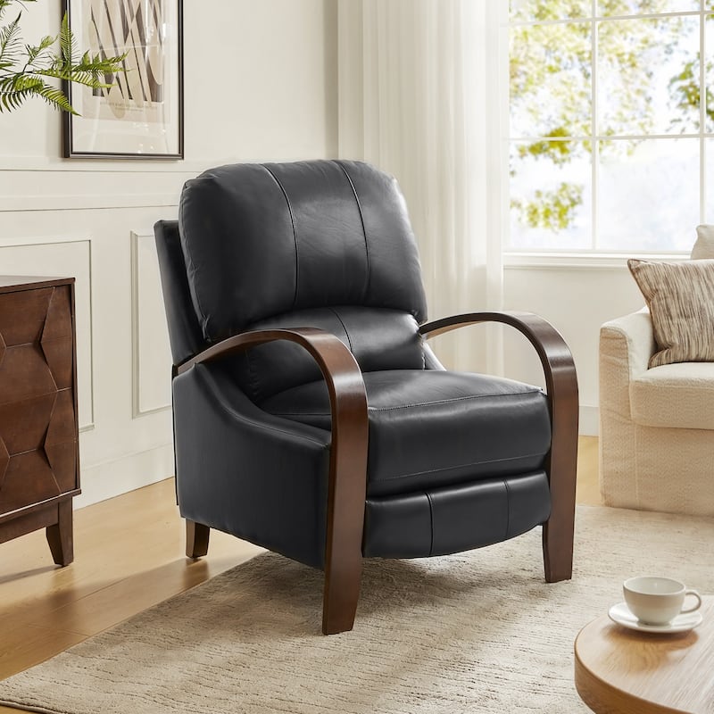 Alex Mid-century Modern Cigar Genuine Leather Manual Recliner with Wooden Curved Arms - Black