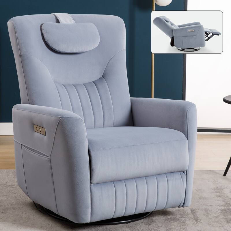 Beige Power Recliner with Swivel, Rocking Motion & Lumbar Pillow - Blue