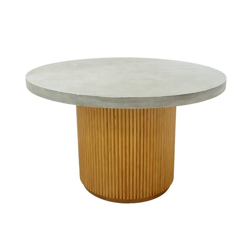 Cid Zeta 47 Inch Dining Table, Round Gray Concrete Top, Ribbed Brown Base