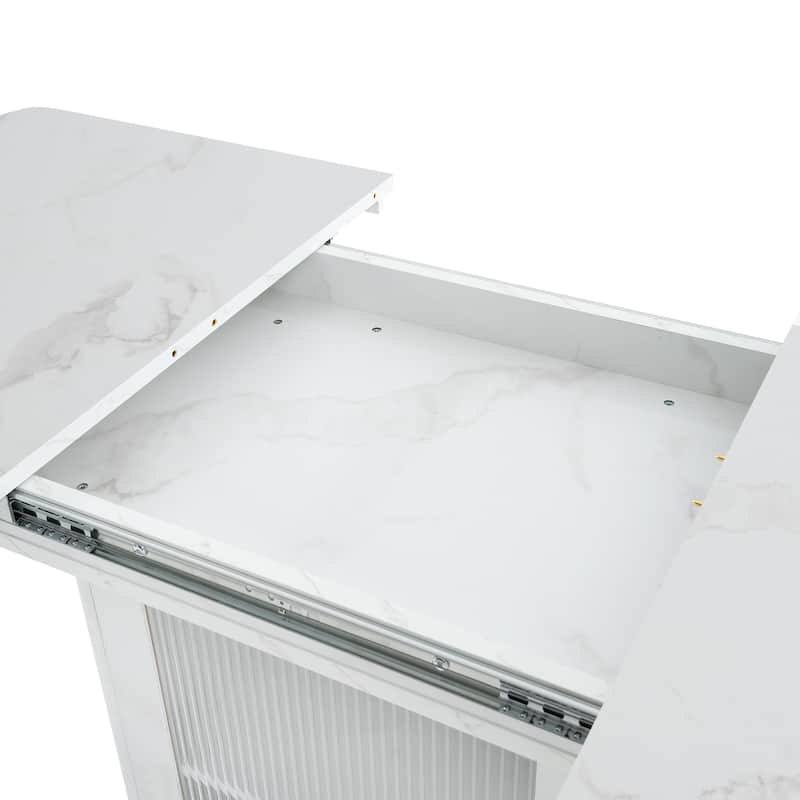 47-63" Modern Extendable Dining Table with Marble Top, Storage Leg & Metal Base