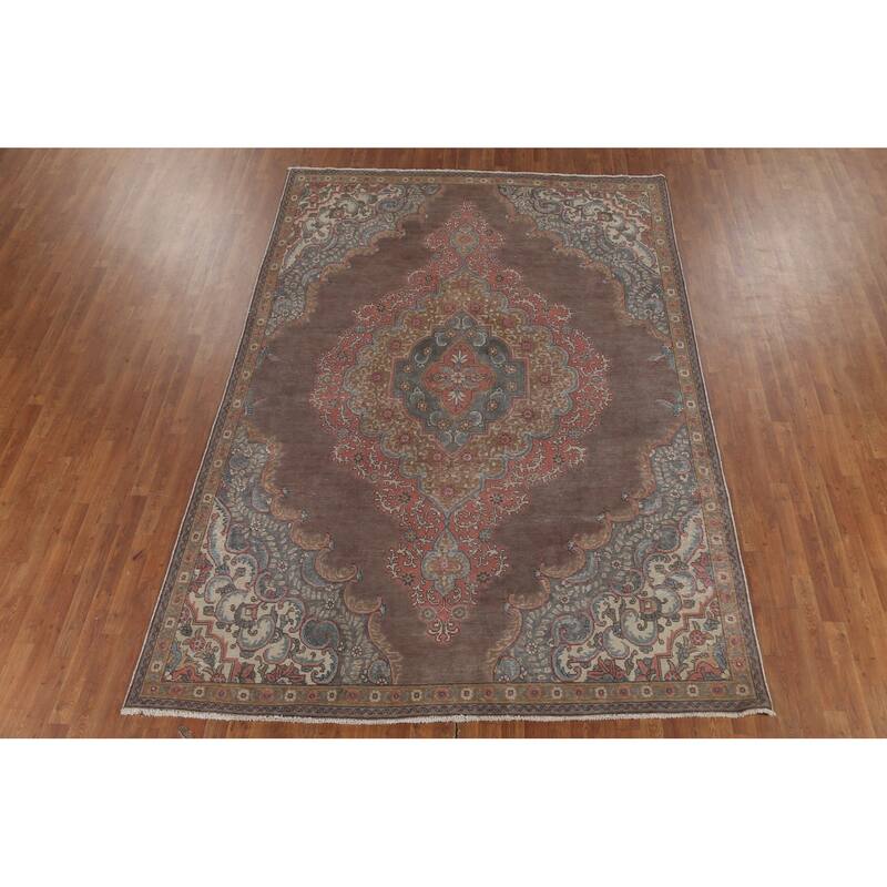 Brown Tabriz Persian Vintage Area Rug Handmade Oriental Wool Carpet - 7'8"x 11'1"