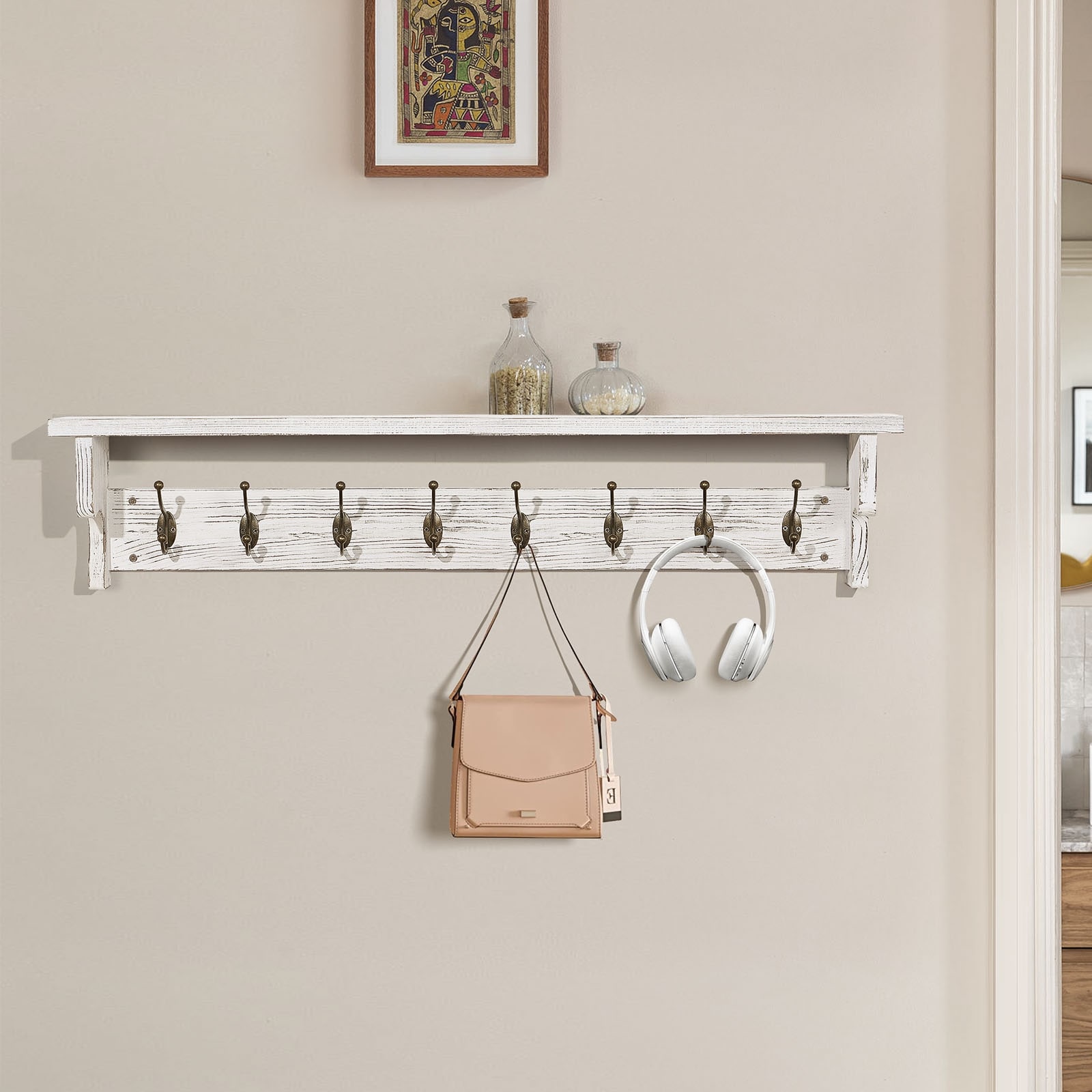 Wall Mounted Coat Rack with Storage Shelf Metal Hooks