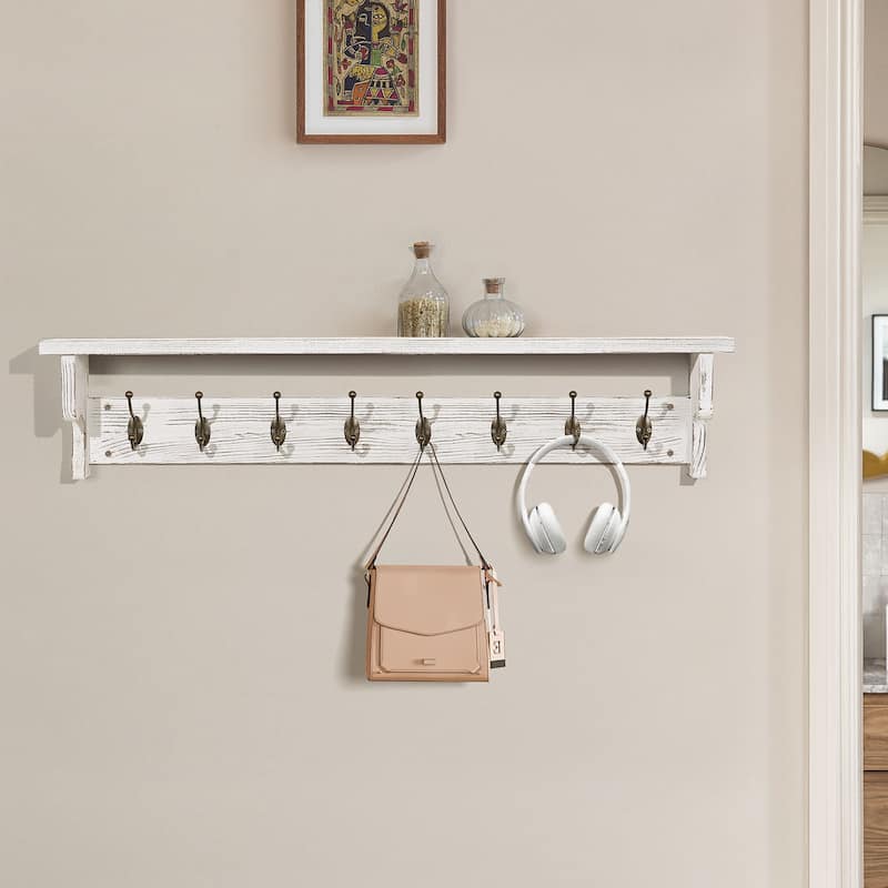 35.8" Wall Mounted Coat Rack with Storage Shelf & Metal Hooks - 35.8"L x 4.6"D x 7.8"H