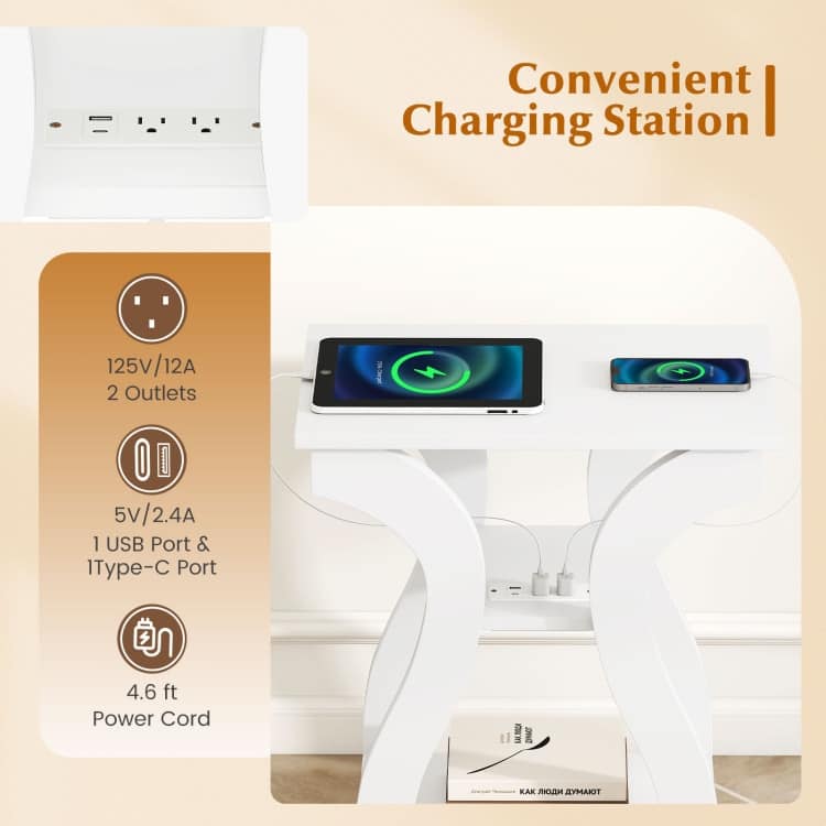 Set of 2 Engineered Wood 3-Tier Side Table with USB and Outlets - 19.5" x 12" x 24"