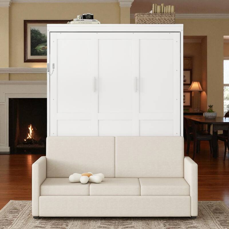 Queen Murphy Wall Bed with Sofa Cushion, Dual-Piston Fold Down, 8 in Mattress, 600 lb Capacity, 66.8 x 87 x 87.8 in - White - Queen