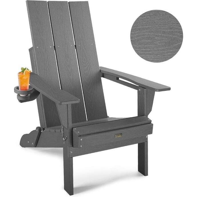 WINSOON Modern HDPE Outdoor Folding Adirondack Chair With Cup Holder - Grey