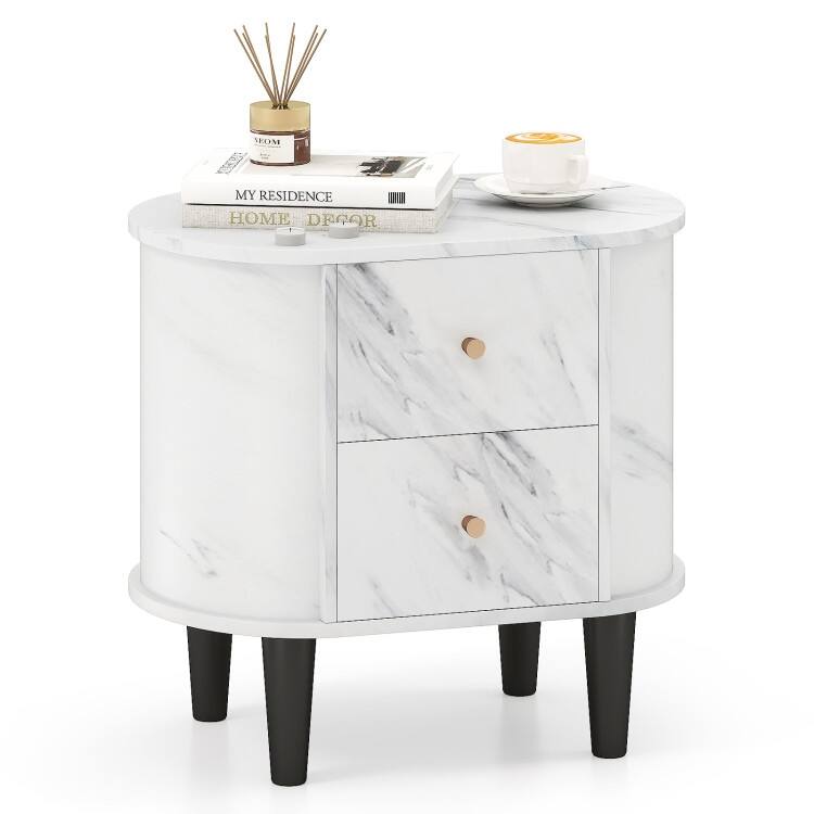 White Nightstand with 2 Drawers Faux Marble Top Oval Design and Elevated Support Legs