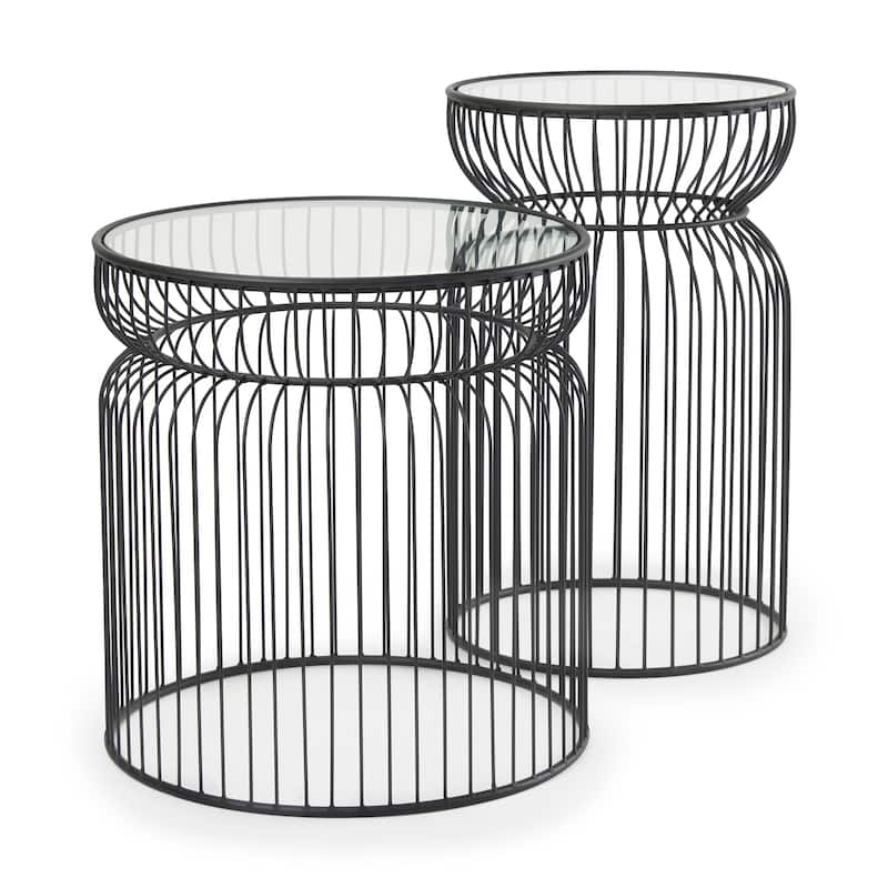 Shani Round Black Iron w/ Glass Shelves Accent Tables - 30.7"L x 18.8"W x 20"H