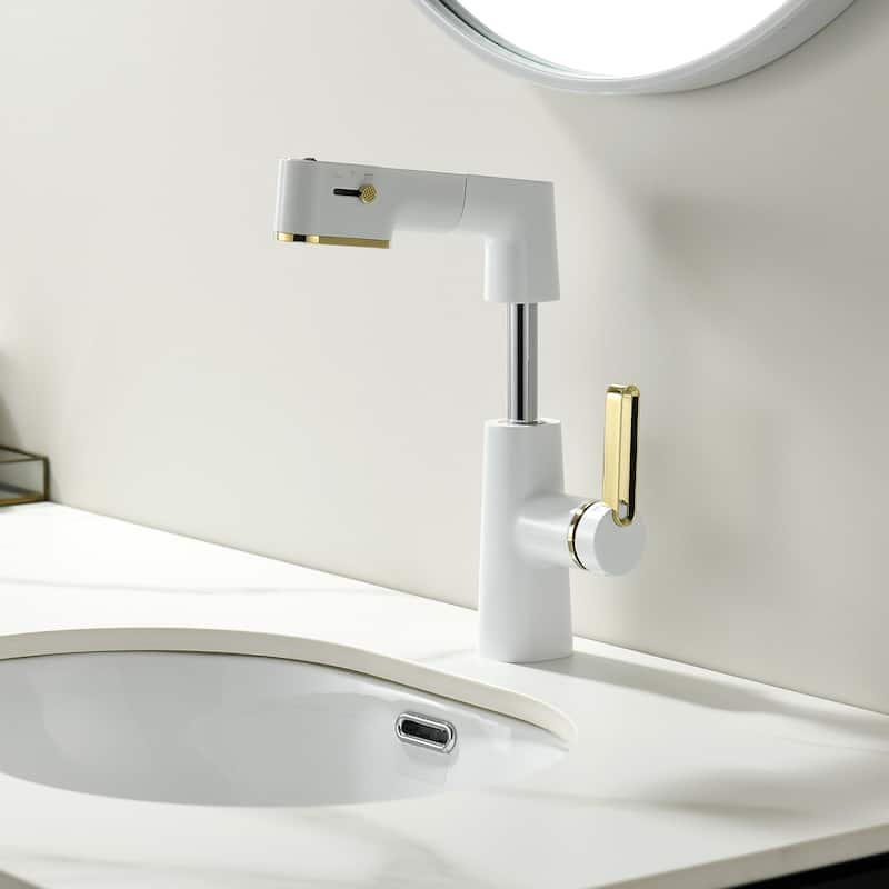 Single Handle Pull-Out Digital Display White Bathroom Faucet - 4.37"*9.13" - White