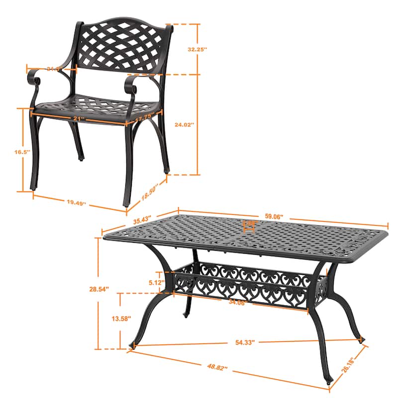 Outdoor 7-Piece Cast Aluminum Dining Set, Lattice and Floral Patterns