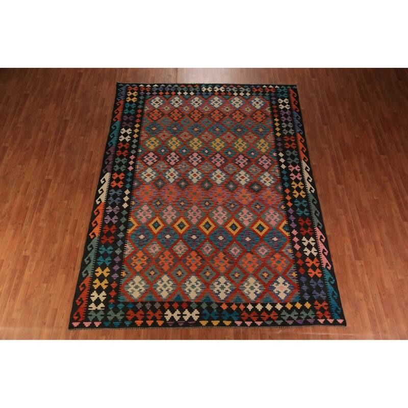 Tribal Geometric Kilim Area Rug Hand-Woven Wool Carpet - 8'7"x 11'6"